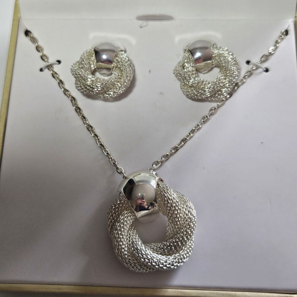 Silver-Tone Twisted Knot Pendant Necklace and Earrings Set, Created for Macy's